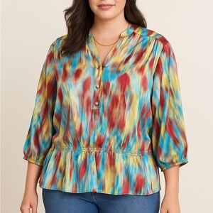 Chico’s Size 3 (XL / 16) Multicolor Abstract Print Blouse – Button Front Silky